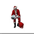 Santa Claus Holding Wrapped Gift With Blue And White Pattern And Red Bag
