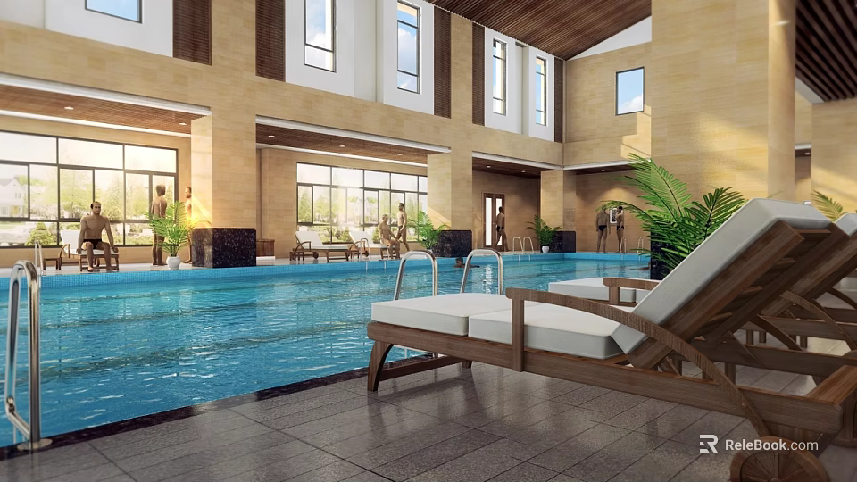 Indoor Swimming Pool With Loungers Large Windows Bright Interior And Green Plants 3d model 