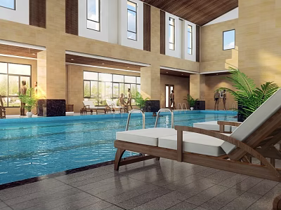 Indoor Swimming Pool With Loungers Large Windows Bright Interior And Green Plants 3d model