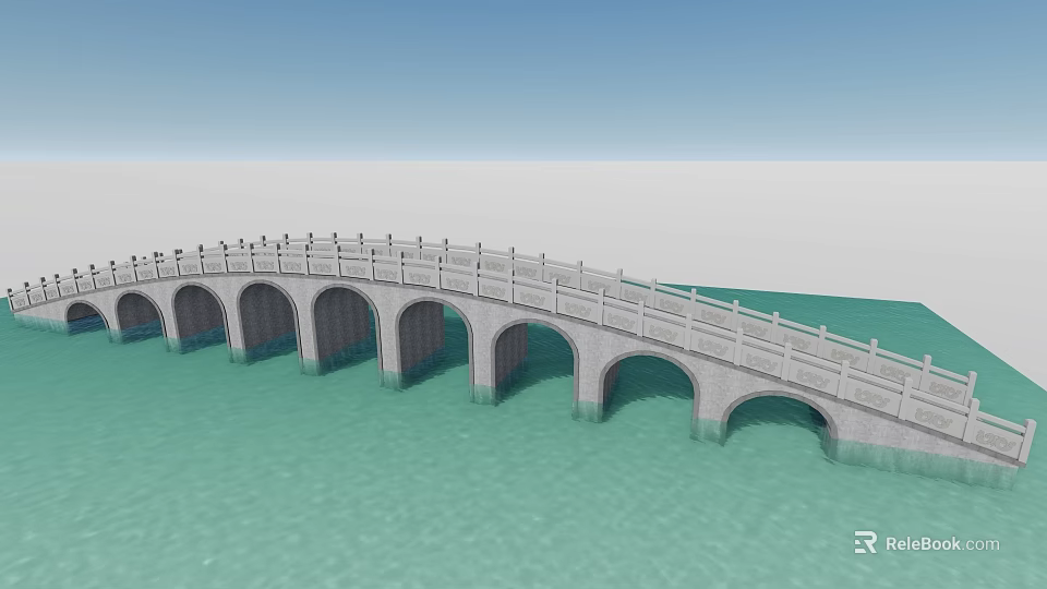 Stone Arch Bridge With Multiple Arches Over Turquoise Water And Railings 3d model 
