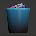 Blue Trash Can Filled With Various Waste Items Like Drink Carton And Plastic