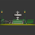 Garden Decorative Scene Featuring Central Fountain Green Benches Lamp Posts Chairs And Yellow Ground