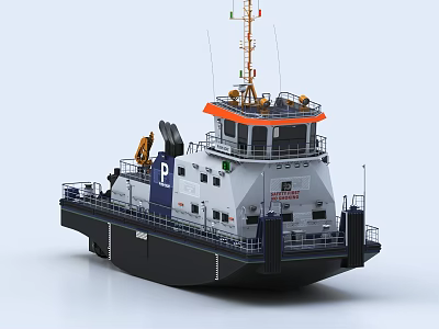 Modern Utility Workboat With Orange Top Cabin White Hull Blue Section And Crane Antennas 3d model