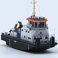 Modern Utility Workboat With Orange Top Cabin White Hull Blue Section And Crane Antennas