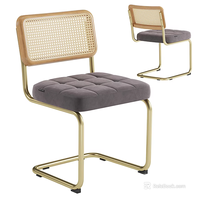 Modern Dining Chairs With Woven Backrest Gray Padded Seat And Golden Metal Legs 3d model 
