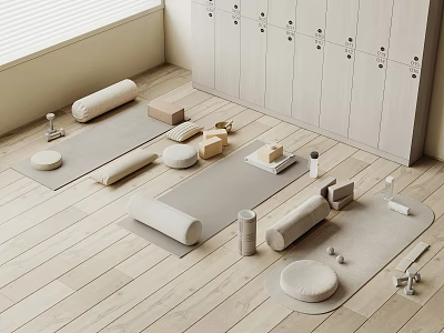 Yoga Sports Equipment with Mats Rollers Cushions and Lockers on Wooden Floor 3d model