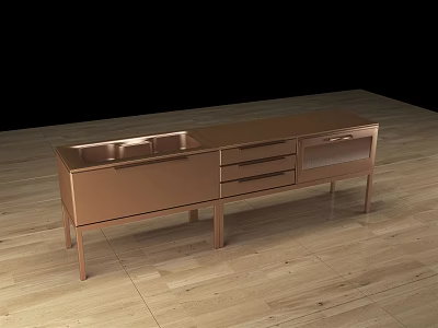 Modern Copper Kitchen Cabinets With Drawers Doors And Countertop On Wooden Floor 3d model