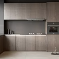 Modern Kitchen Interior With Dark Wood Cabinets White Countertop Stove Oven Range Hood And Fridge