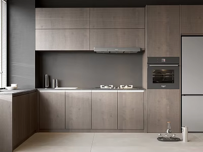 Modern Kitchen Interior With Dark Wood Cabinets White Countertop Stove Oven Range Hood And Fridge 3d model