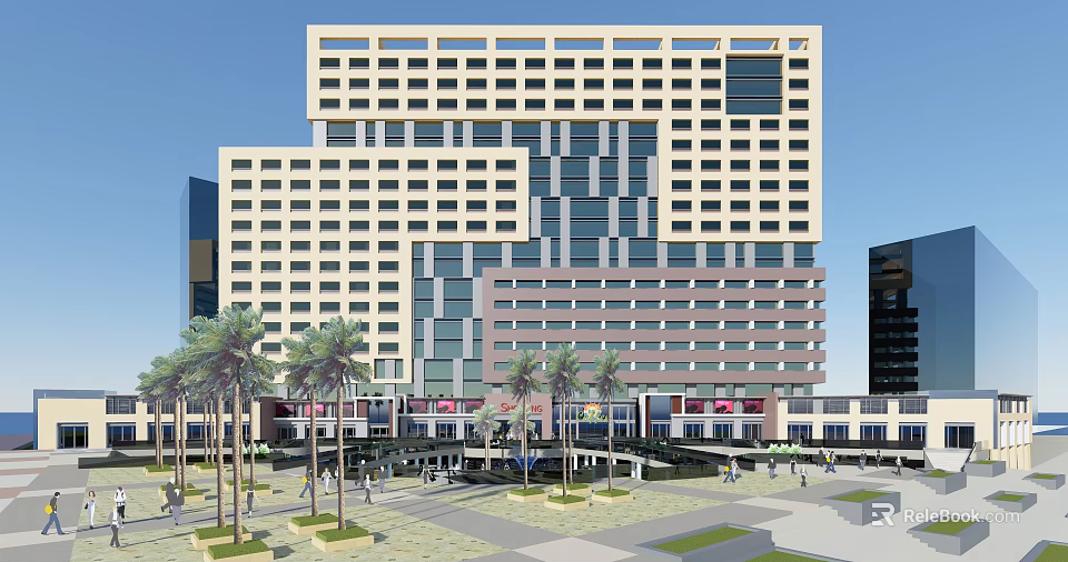 Modern Commercial Complex With Glass Curtain Walls Palm Trees Plaza Pedestrians And Retail Shops 3d model 