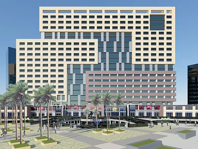 Modern Commercial Complex With Glass Curtain Walls Palm Trees Plaza Pedestrians And Retail Shops 3d model