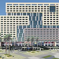 Modern Commercial Complex With Glass Curtain Walls Palm Trees Plaza Pedestrians And Retail Shops