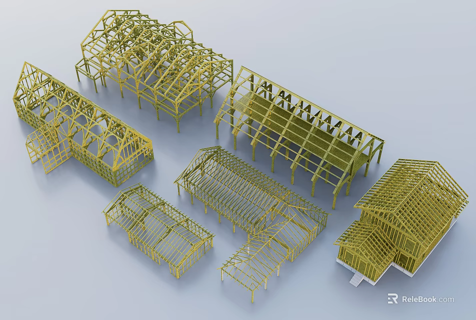Various Shapes of Yellow House Construction Frame Models 3d model
