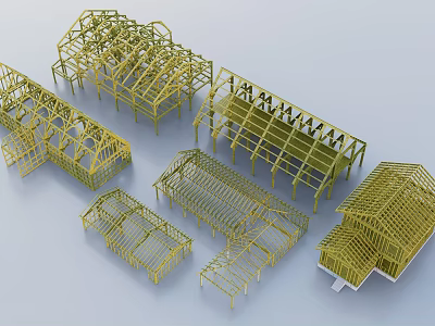 Various Shapes of Yellow House Construction Frame Models 3d model