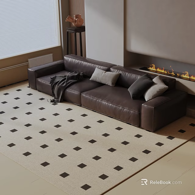 Modern Living Room With Brown Leather Three Seater Sofa Pillows Throw Blanket Fireplace Checkered Rug 3d model 