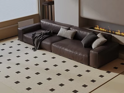 Modern Living Room With Brown Leather Three Seater Sofa Pillows Throw Blanket Fireplace Checkered Rug 3d model