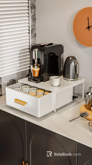 Modern Kitchen Countertop Appliances With White Storage Cart Coffee Machine Kettle And Wooden Handle Drawer 3d model 