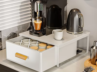 Modern Kitchen Countertop Appliances With White Storage Cart Coffee Machine Kettle And Wooden Handle Drawer 3d model