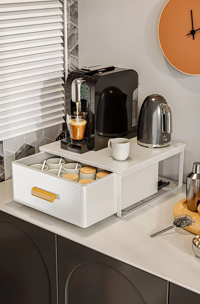 Modern Kitchen Countertop Appliances With White Storage Cart Coffee Machine Kettle And Wooden Handle Drawer 3d model