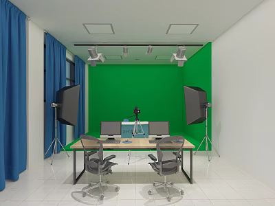 Public Office Workspace Featuring Green Backdrop Wall Blue Curtains Dual Monitors And Office Chairs 3d model
