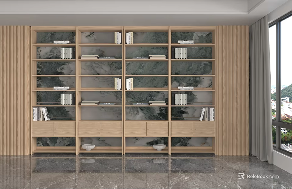Modern Minimalist Wooden Shelf With Multiple Compartments Books And Marble Wall 3d model 