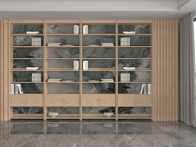 Modern Minimalist Wooden Shelf With Multiple Compartments Books And Marble Wall 3d model