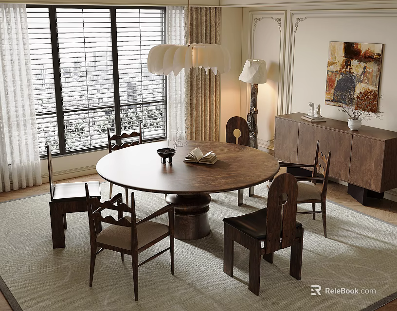 Dining Table Set With Round Wooden Table Matching Chairs Near Window Sideboard And Artwork 3d model 