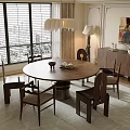 Dining Table Set With Round Wooden Table Matching Chairs Near Window Sideboard And Artwork