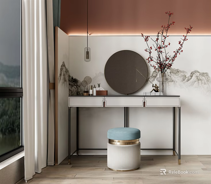 Elegant Modern Dressing Table Interior With Round Mirror Marble Top And Blue Stool 3d model