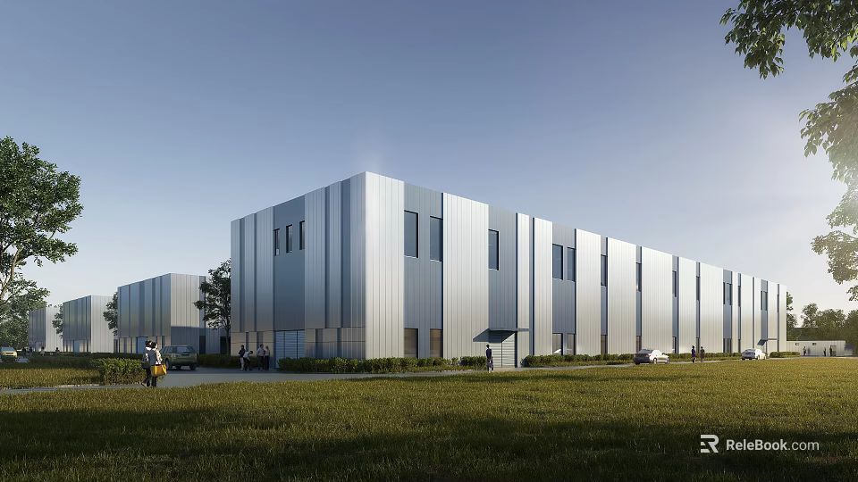 Modern Industrial Factory Building With Silver Metal Exterior Large Windows And Grass Surroundings 3d model 