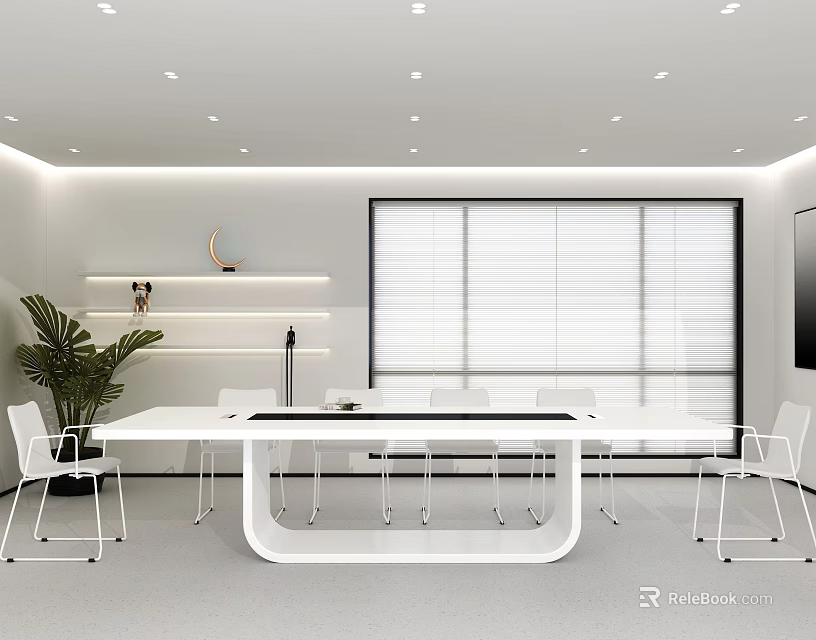 Modern Meeting Room Interior With White Long Table White Chairs Window Blinds And Green Plant 3d model 