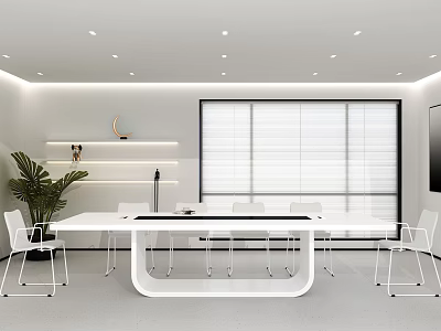 Modern Meeting Room Interior With White Long Table White Chairs Window Blinds And Green Plant 3d model