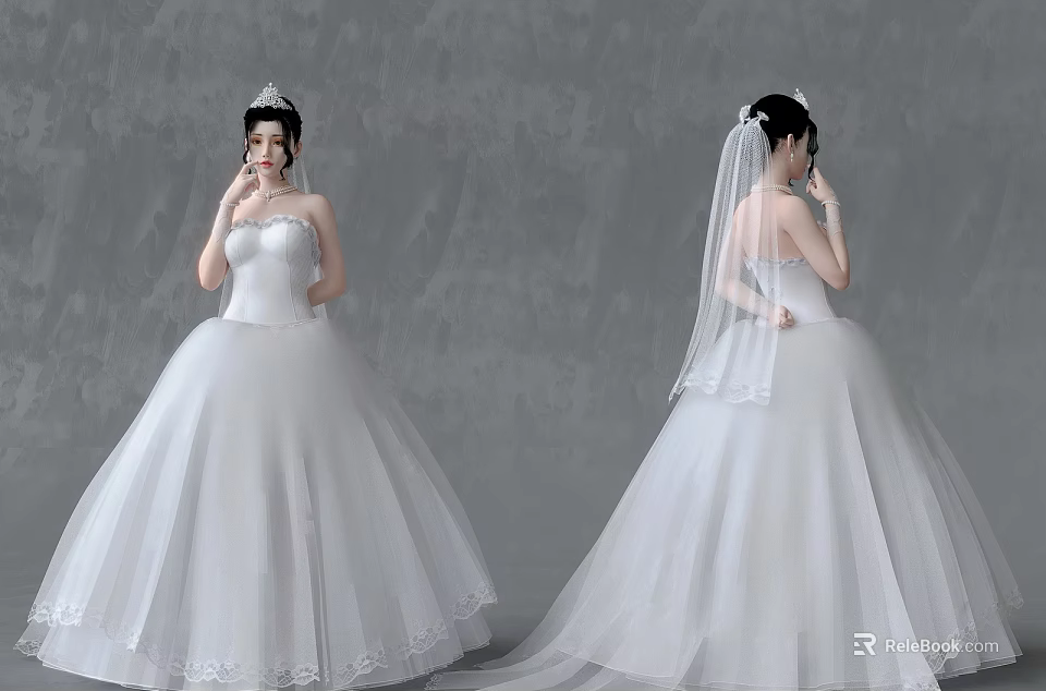 Woman Wearing White Wedding Dress with Veil Lace and Ball Gown Silhouette Front Back Views 3d model 