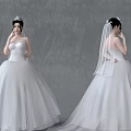 Woman Wearing White Wedding Dress with Veil Lace and Ball Gown Silhouette Front Back Views