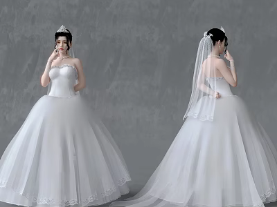 Woman Wearing White Wedding Dress with Veil Lace and Ball Gown Silhouette Front Back Views 3d model