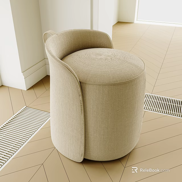 Beige Upholstered Round Sofa Stool In Minimalist Interior With Geometric Pattern Floor 3d model 
