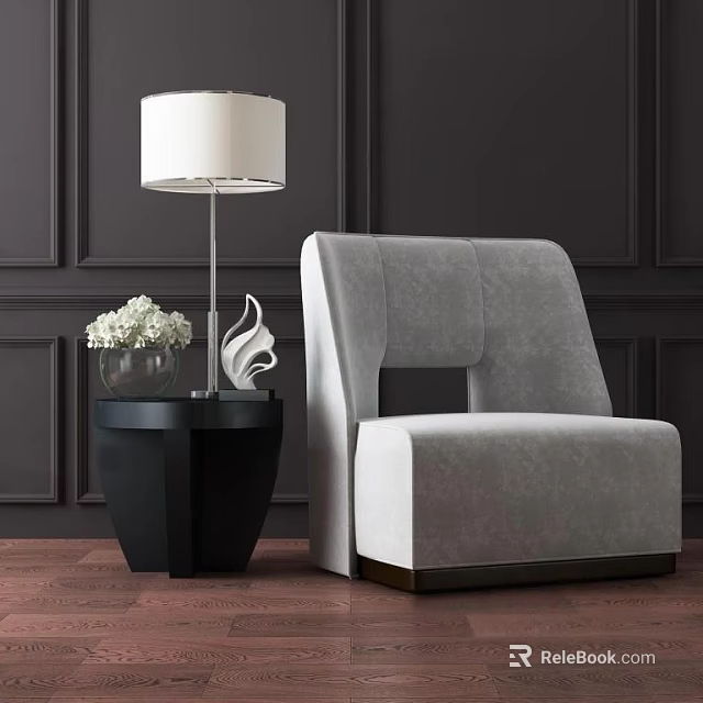 Light Gray Modern Single Sofa With Black Side Table White Lamp And Swan Decor 3d model