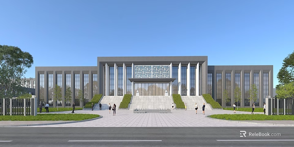Modern School Building With Large Glass Windows Stone Steps Front Plaza and Green Landscaping 3d model 