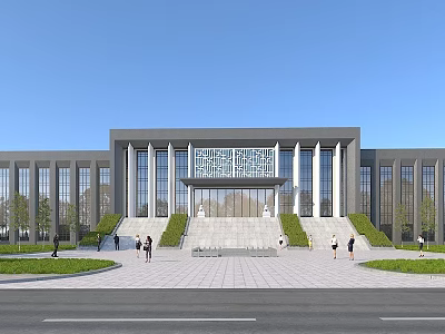 Modern School Building With Large Glass Windows Stone Steps Front Plaza and Green Landscaping 3d model