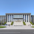 Modern School Building With Large Glass Windows Stone Steps Front Plaza and Green Landscaping