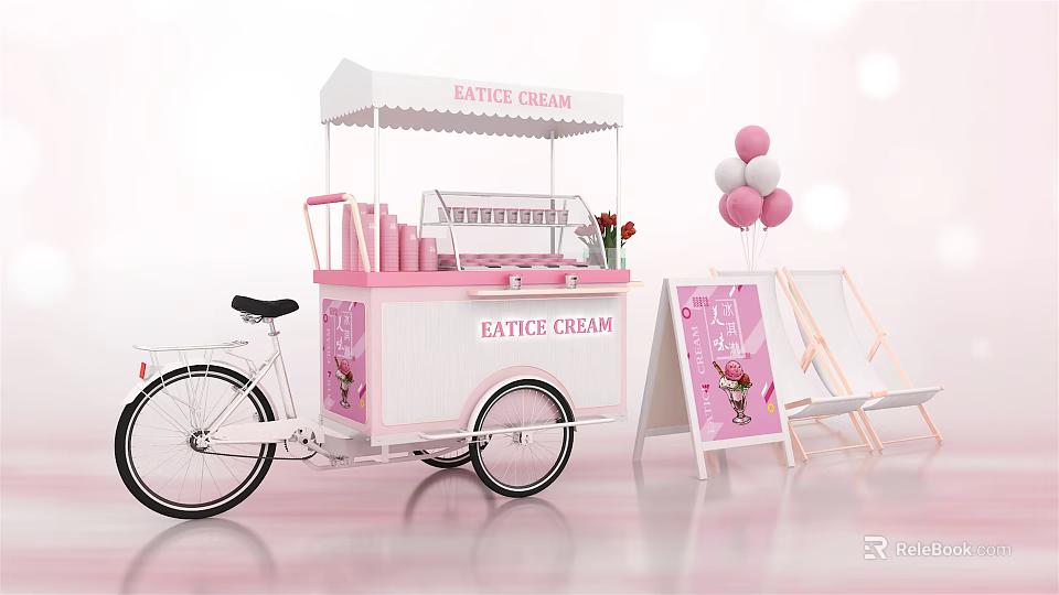 Pink Ice Cream Cart with Display Signboard Balloons and Decorative Flowers 3d model 