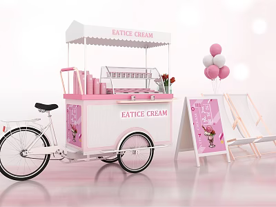 Pink Ice Cream Cart with Display Signboard Balloons and Decorative Flowers 3d model