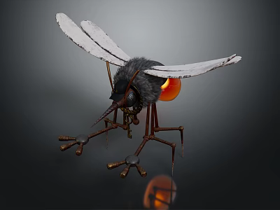 Realistic 3D Mosquito Game Movie Character With White Wings Black Body And Metal Legs 3d model