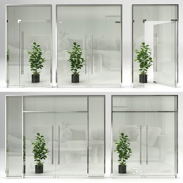 Modern Transparent Glass Sliding Doors As Interior Partitions With Green Plants In Home Decor 3d model 