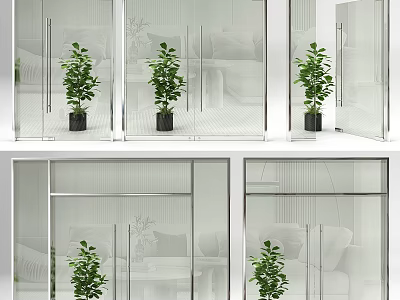 Modern Transparent Glass Sliding Doors As Interior Partitions With Green Plants In Home Decor 3d model