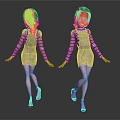 Cartoon Girls With Denim Overalls Dress Striped Long Sleeve Tops High Heels Front Back Dark Background