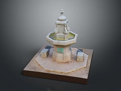 Ornamental Stone Fountain With Octagonal Basin Square Pedestal And Decorative Top 3d model