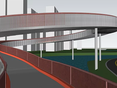 Modern Spiral Bridge With Red White Railings Over Waterfront And Green Space Against Urban Skyline 3d model