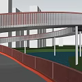 Modern Spiral Bridge With Red White Railings Over Waterfront And Green Space Against Urban Skyline