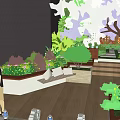 Water Fountain in Courtyard Garden with Lush Greenery Wooden Deck and Trees